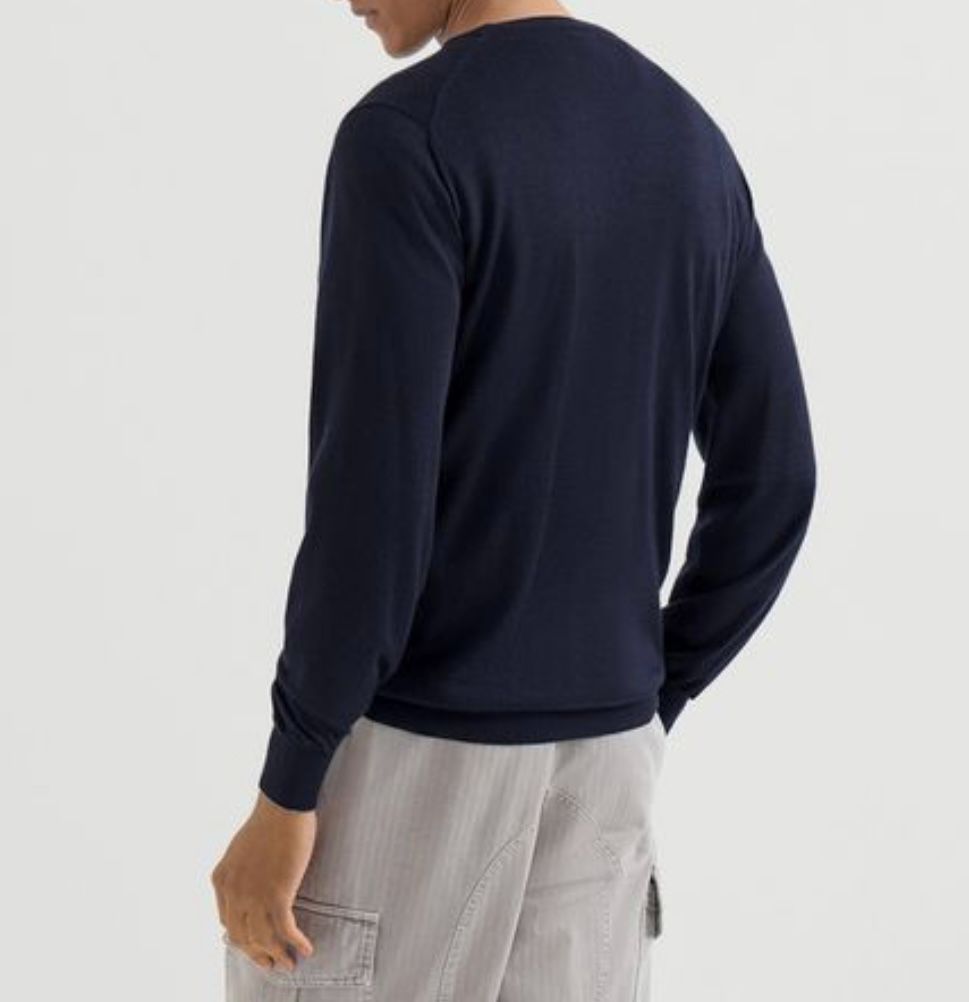 Brunello Cucinelli Navy Wool Cashmere Blend Long Sleeve with Grey Trim Sleeve