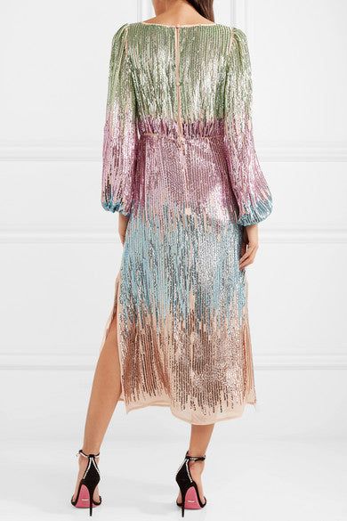 RIXO long sleeve maxi dress, rainbow sequins
