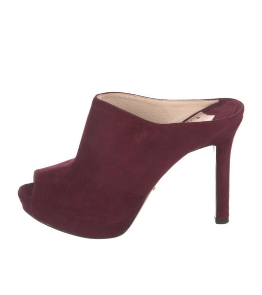 Prada- Burgundy Suede Peep Toe Mule Heel