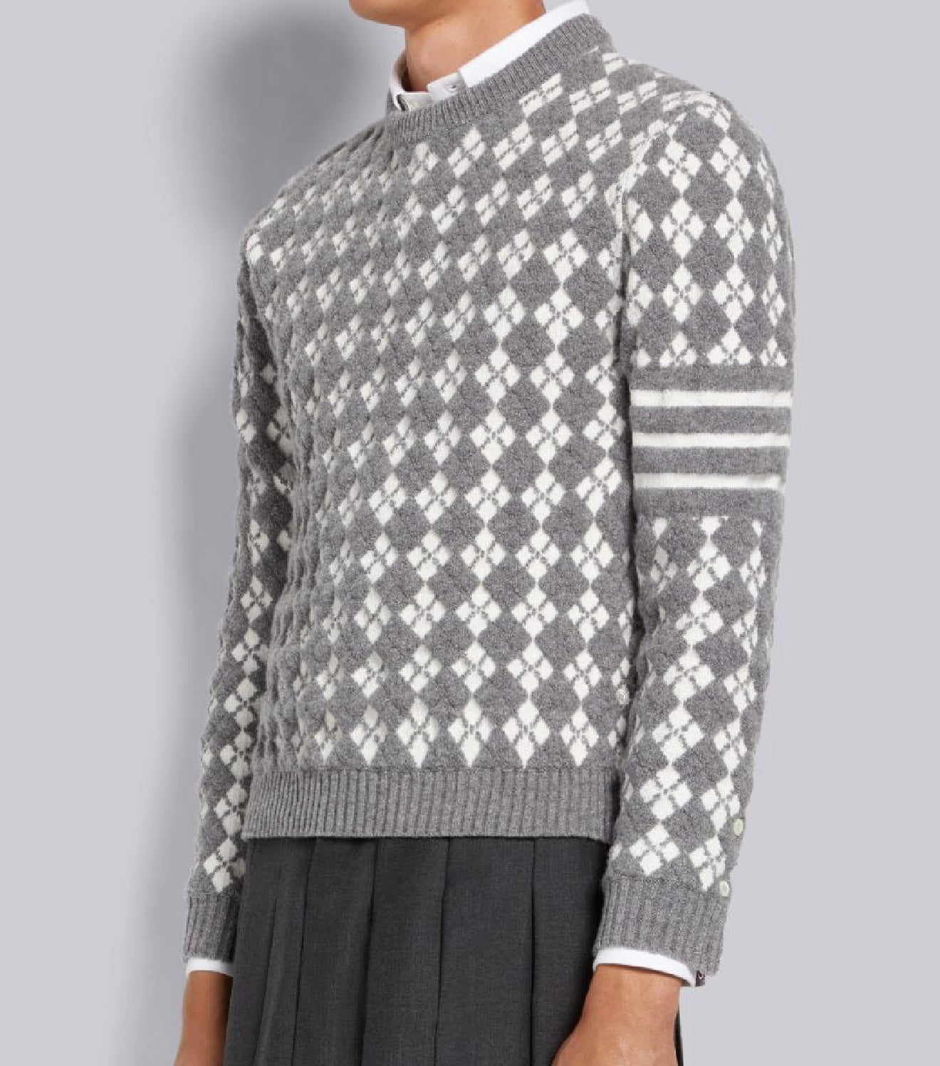 THOM BROWNE - LIGHT GREY TERRY STITCH ARGYLE JACQUARD 4-BAR CREW NECK PULLOVER