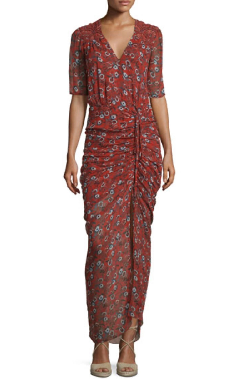 Veronica Beard
Mariposa Silk Ruched Printed Maxi Dress, Rust Floral