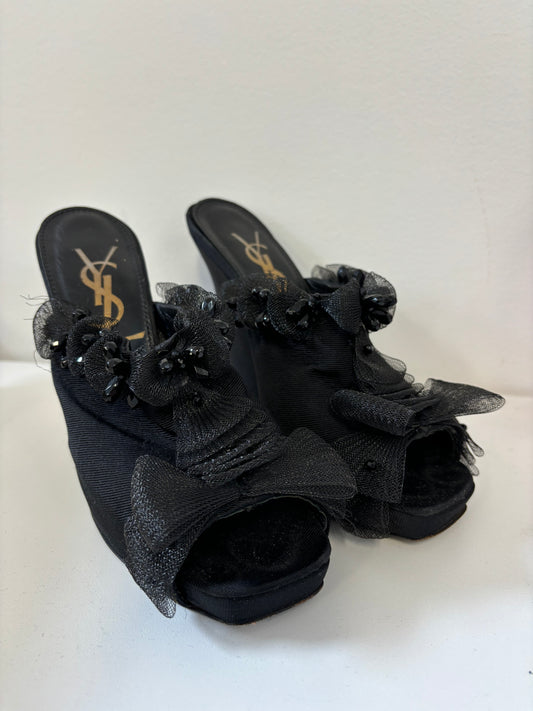 YSL black wedge evening shoes with bow and beading details