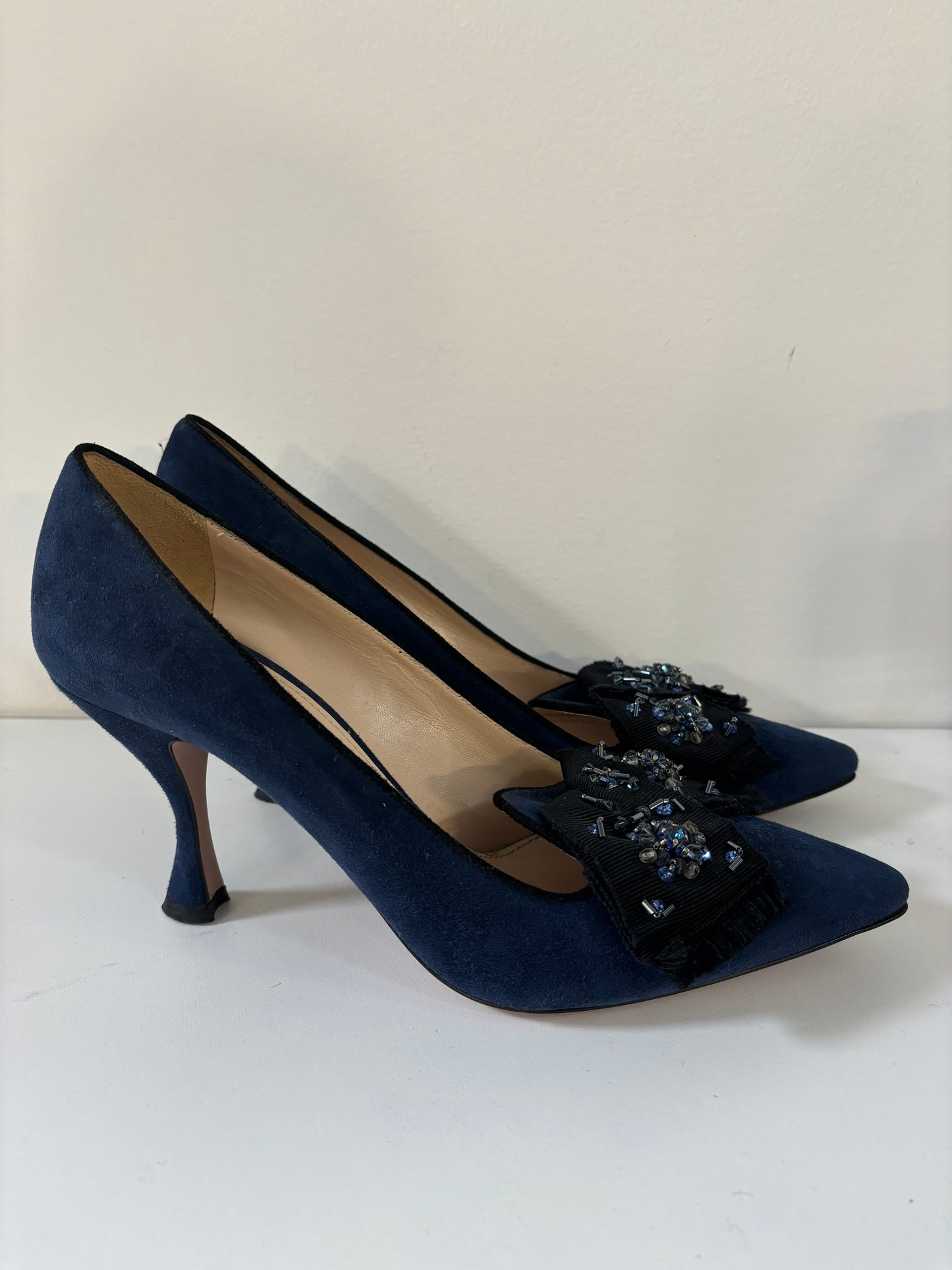 PRADA blue suede heels with black bow and beading