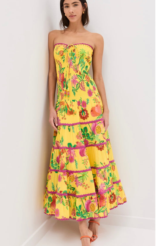 FARM Rio
Delicate Fruit Garden Yellow Smocked Maxi Dress