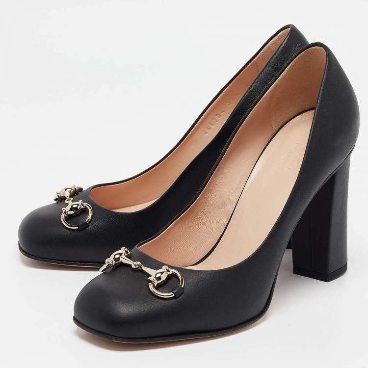 GUCCI black leather block heel with silver horsebit, w dustbags