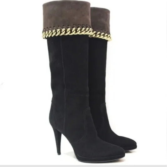 SERGIO ROSSI black suede knee high boots, brown trim, with GHW