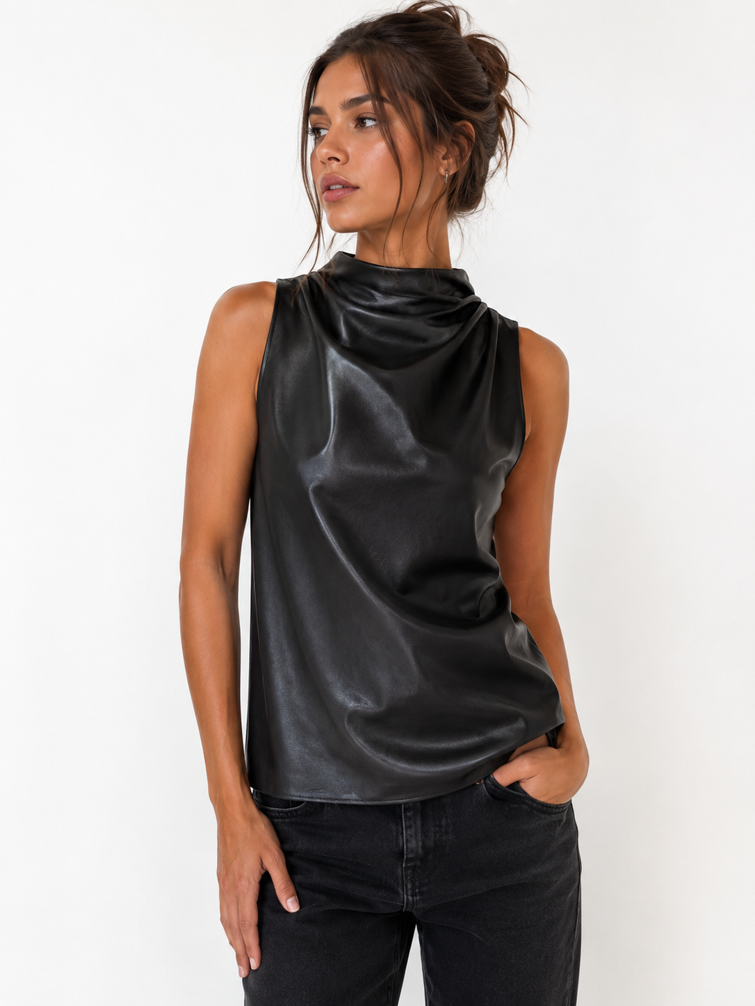 AMANDA UPRICHARD faux leather mock neck tank top blouse, oversized fit