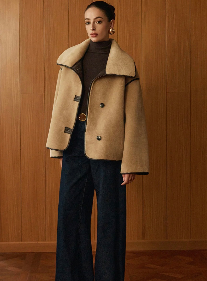 COMMENSE Contrast Piping Shift Minky Coat