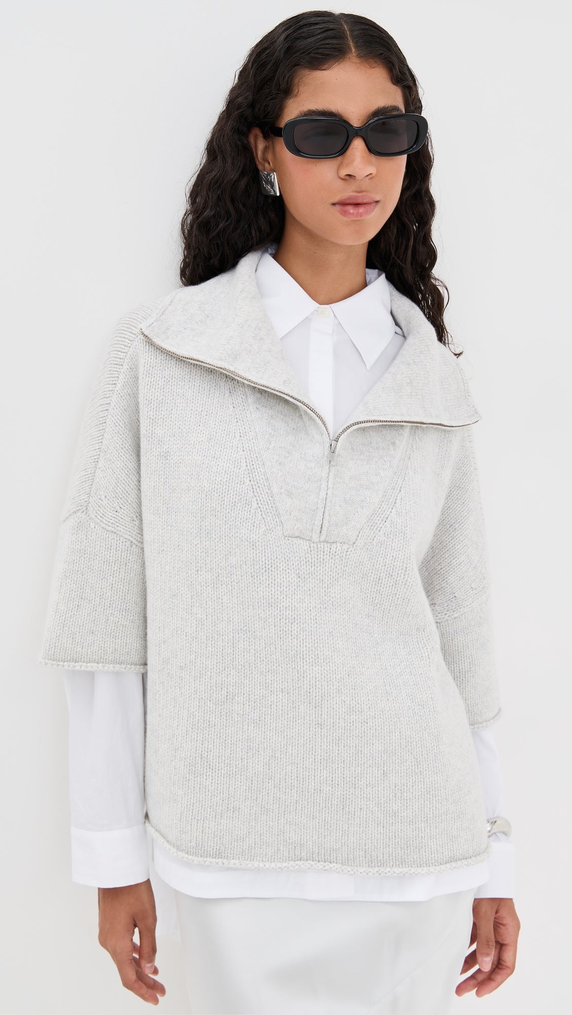 TWP 100% cashmere Heather Gray Cropped Half Zip Sweater with Short Sleeves