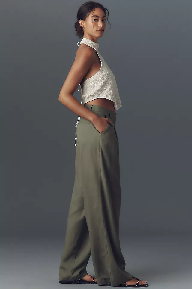 LIONESS green linen blend baggy/straight leg pants w pleats