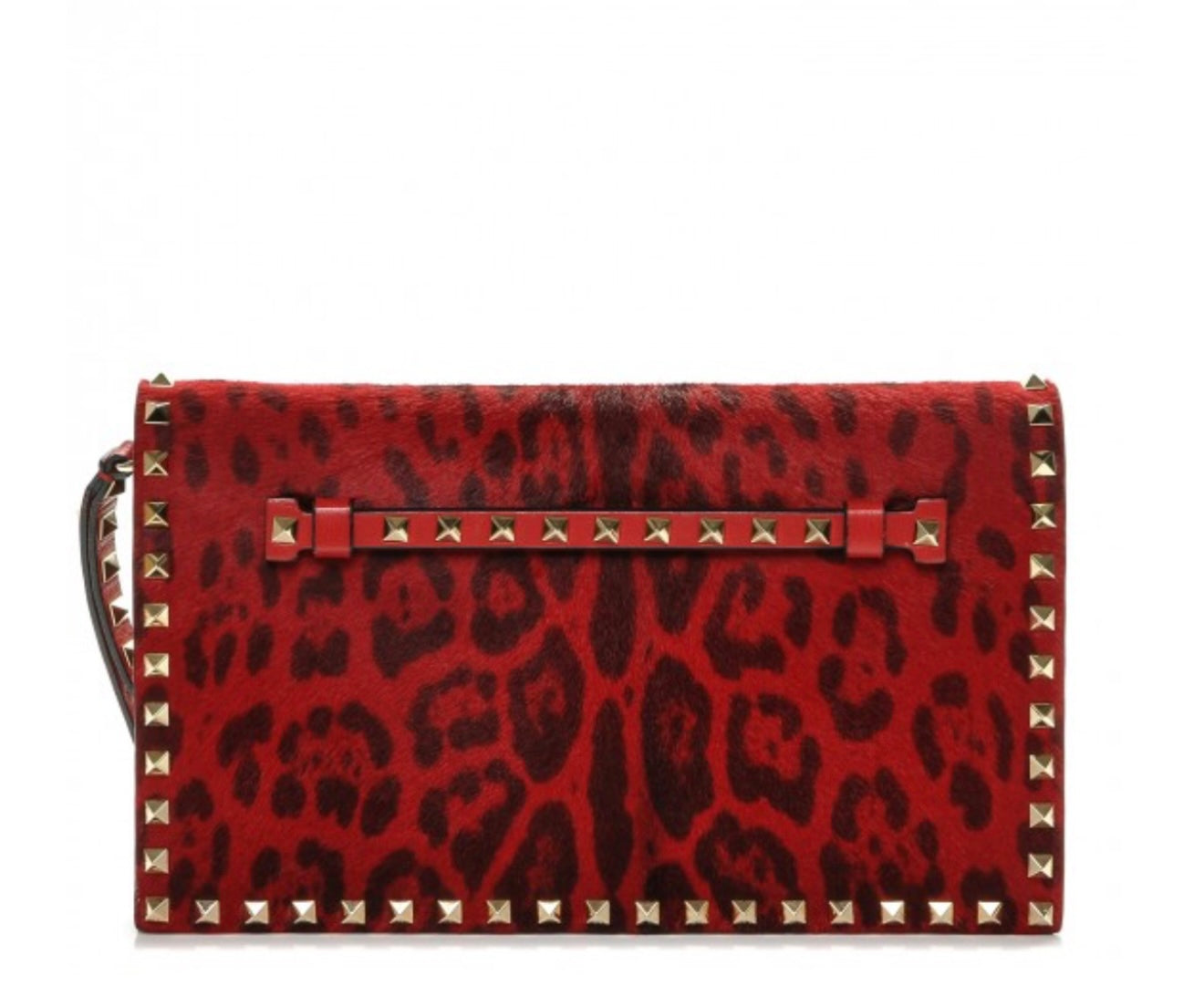 VALENTINO GARAVANI 
Calf Hair Leopard Print Rockstud Wristlet Clutch Red