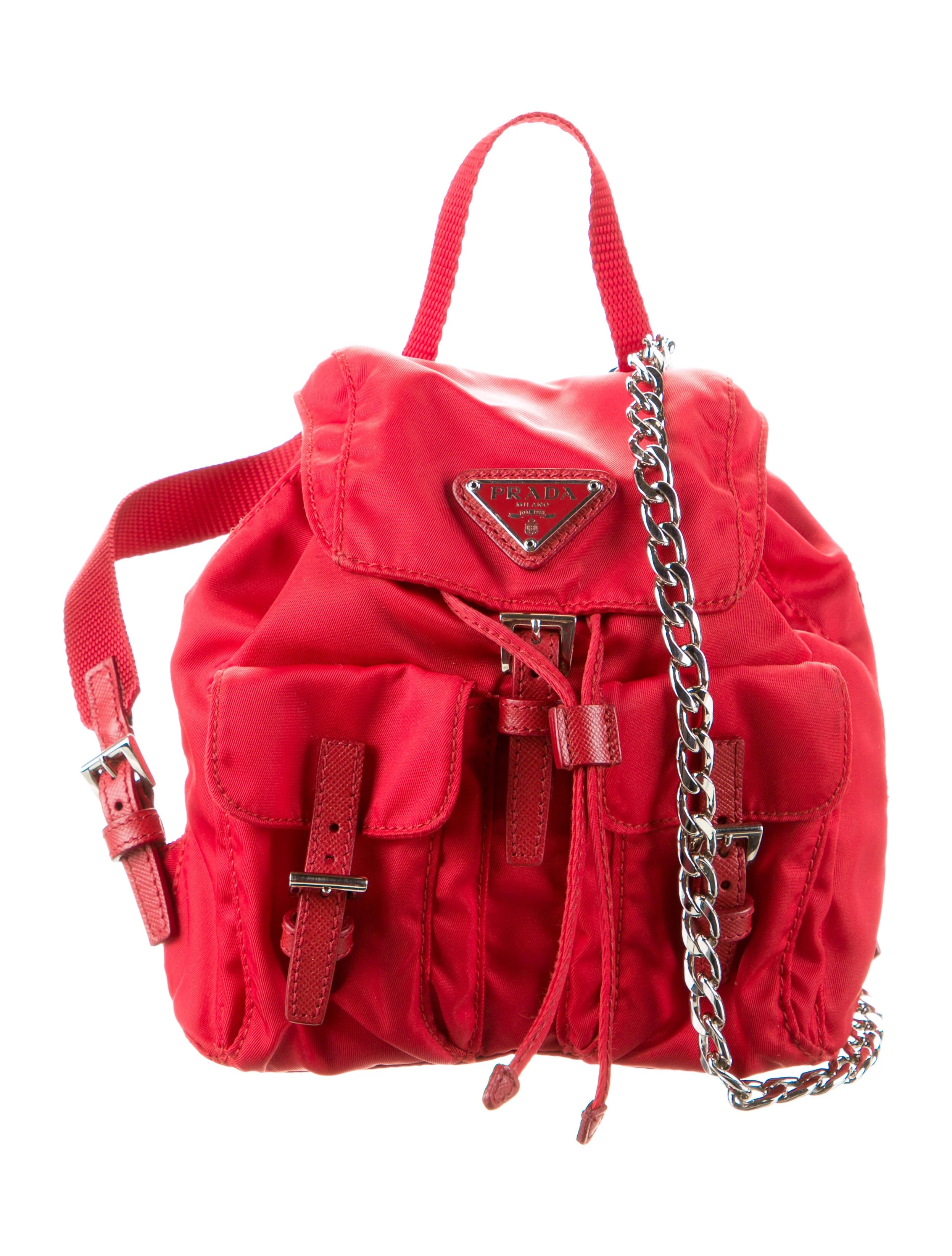 PRADA tiny red nylon backpack crossbody purse v silver chain, with box