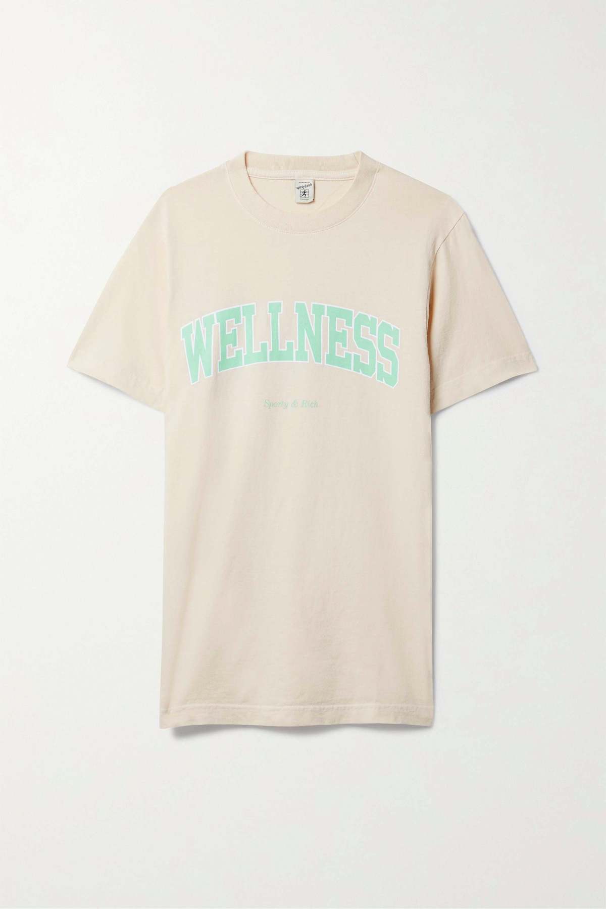 SPORTY & RICH  cream t-shirt "wellness" in green varsity writing