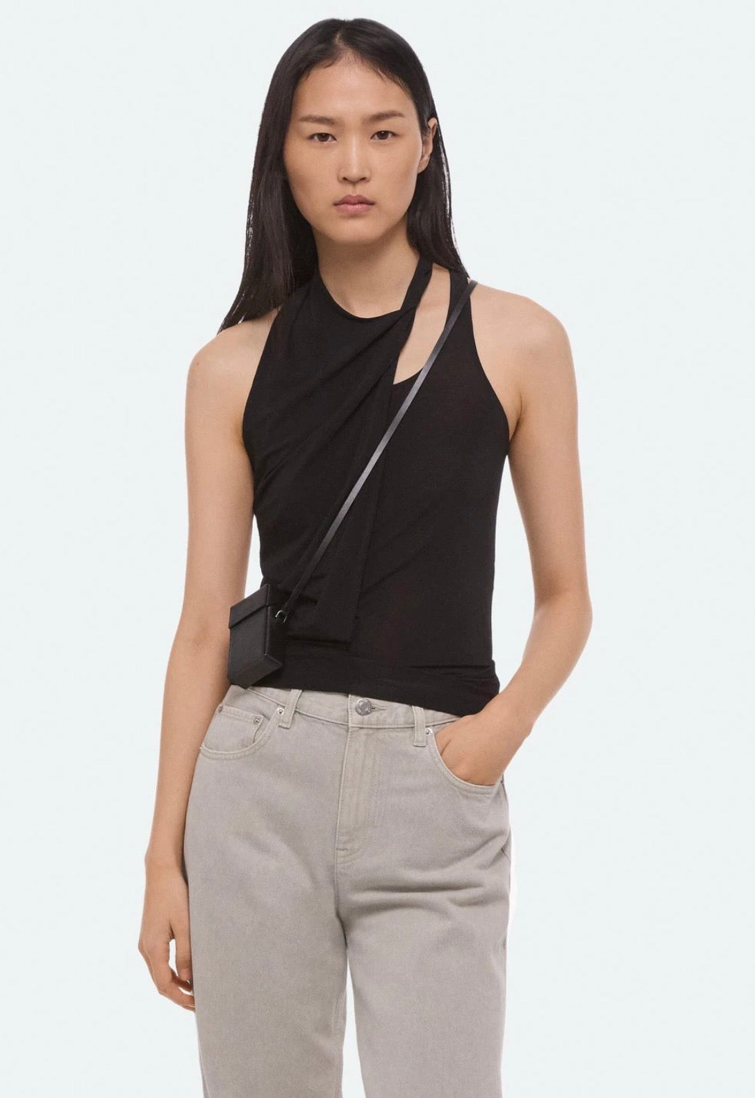 Helmut Lang Black Asymmetric Draped Top