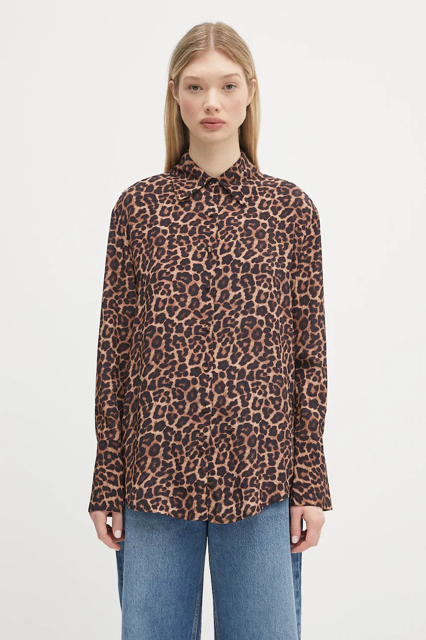 Anine Bing Leopard Print Silk Button Up Shirt