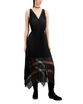 THE KOOPLES black sleeveless dress, bow ties on shoulder, pleated, button up, sheer bottom