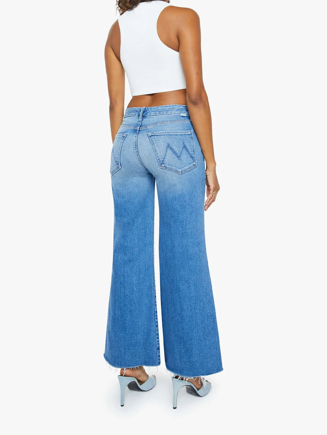 Mother The Roller Fray in Medium Blue Wash "Riding the Cliffside" Flaered Jeans
