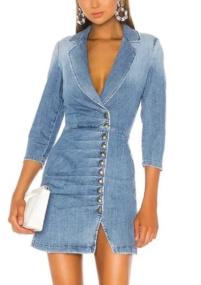 RETROFETE blue half length sleeve denim blazer dress with buttons on skirt part