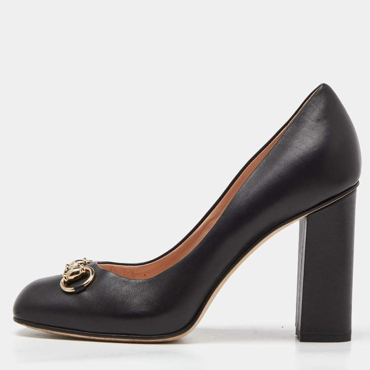 GUCCI black leather block heel with silver horsebit, w dustbags