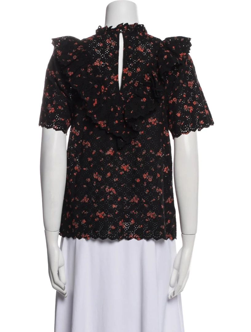 ULLA JOHNSON black floral cotton eyelet ruffle top, S