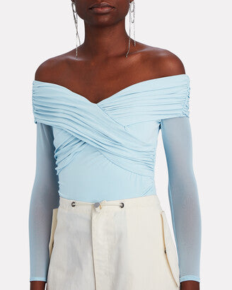 SELF PORTRAIT light blue mesh long sleeve wrap top