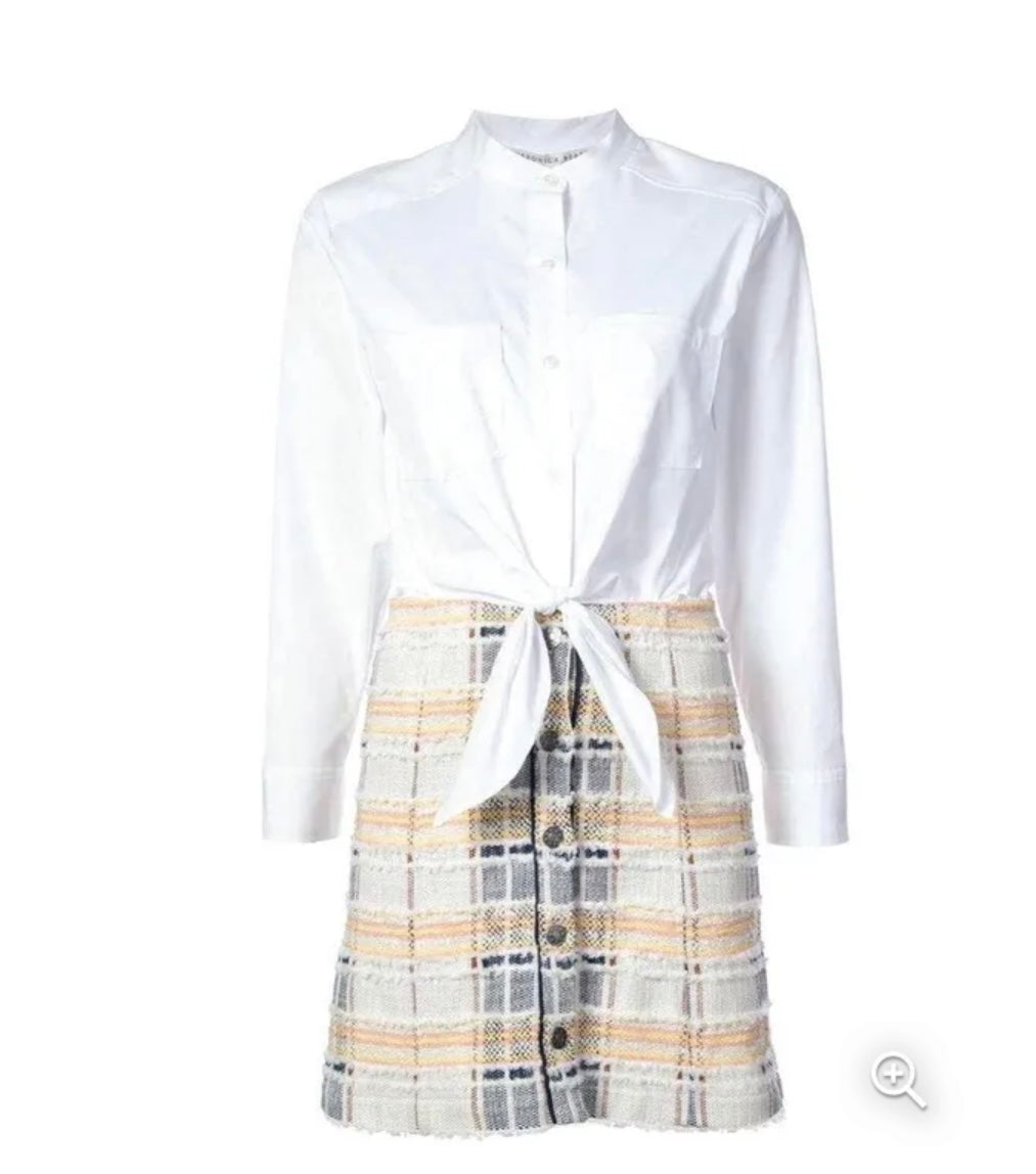 Veronica Beard
Aurelia Long-Sleeve Combo Dress with Poplin Shirt & Tweed Skirt