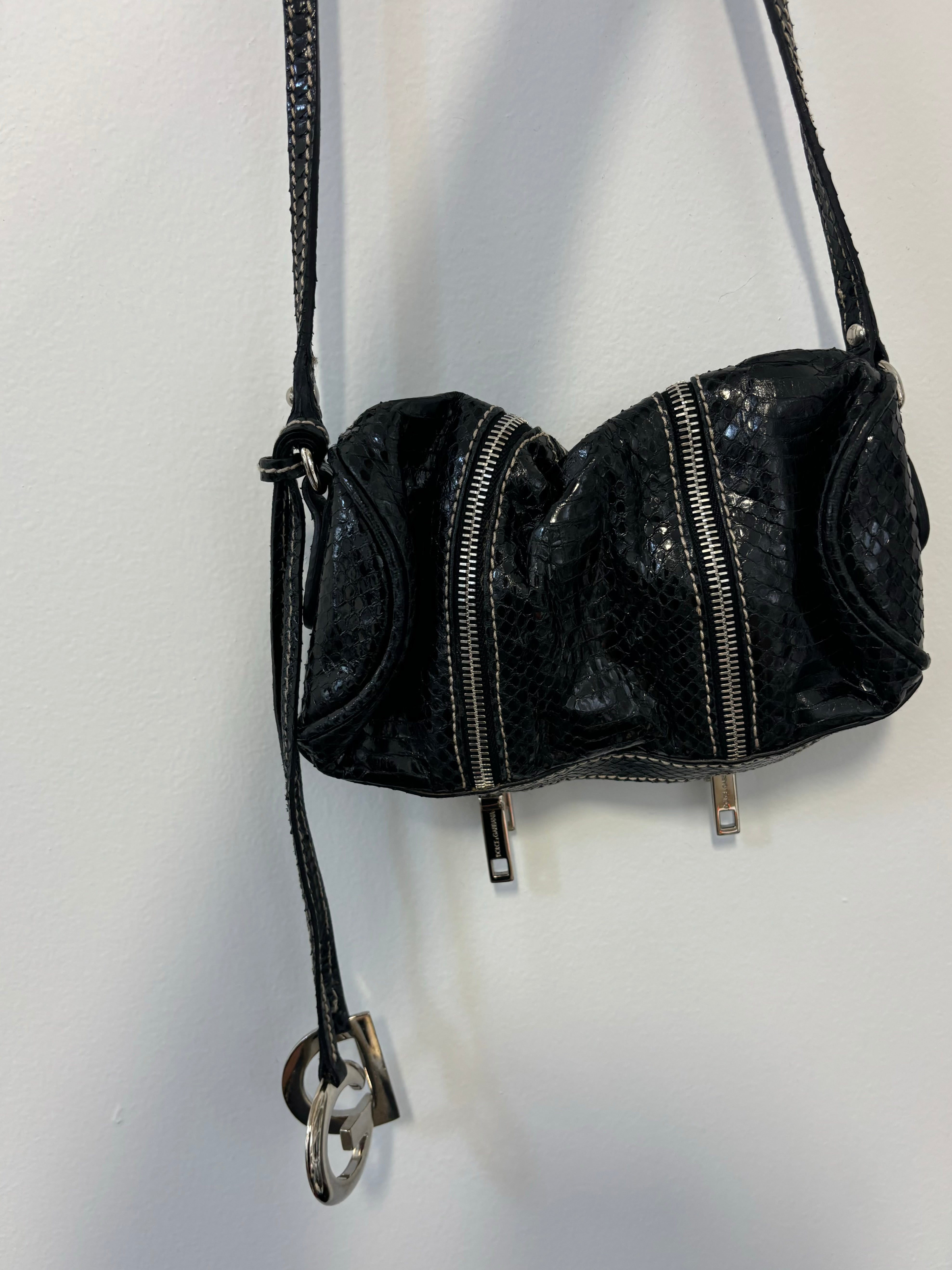 DOLCE  & GABBANA small black snakeskin purse with silver zippers, w dust bag