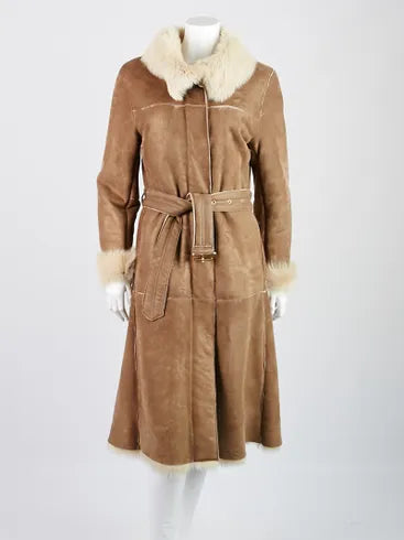 BURBERRY light brown sheepskin suede coat with real fur trim and belt