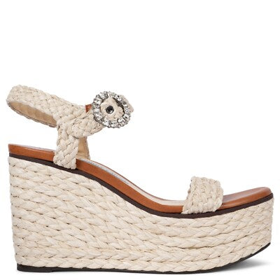 JIMMY CHOO beige raffia wedges, diamond buckle