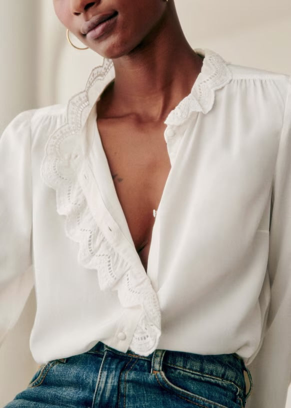 SEZANE cream long sleeve button up with eyelet ruffle detail