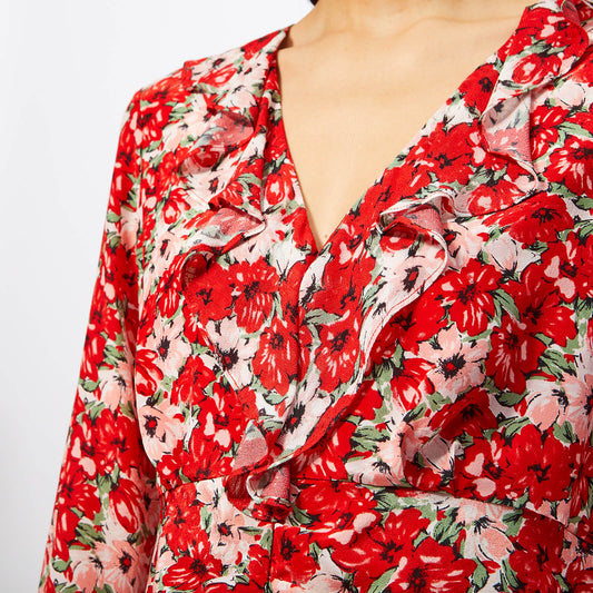 RIXO gracie red floral wrap top and skirt