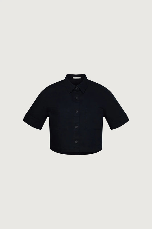 OAK + FORT cropped short sleeve button up in black