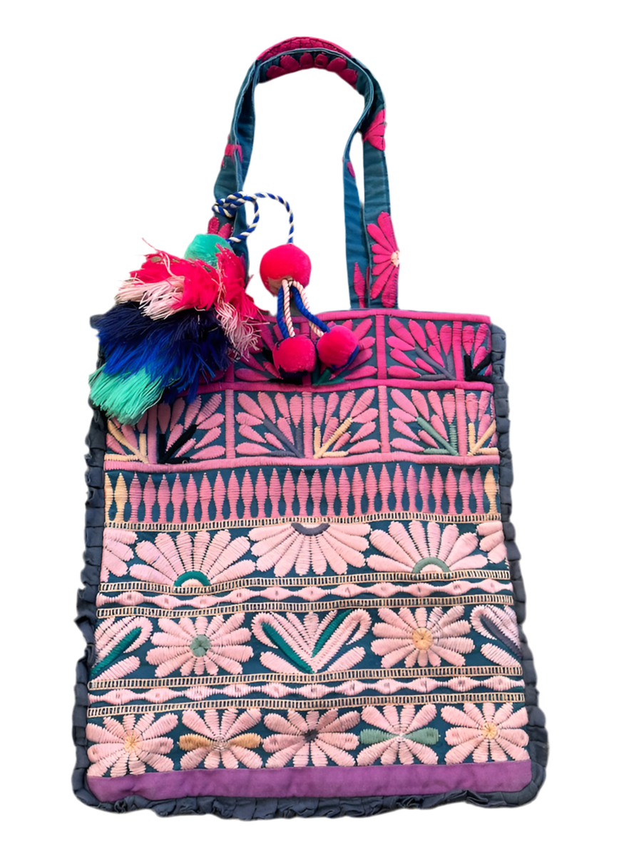 FIGUE pink floral design pom pom summer bag