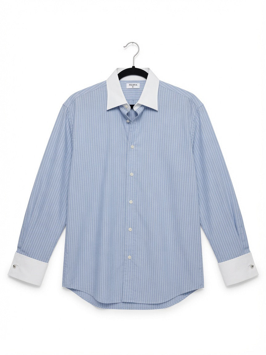 FILIPPA K  blue button up long sleeve blouse with white stripes and white collar and cuffs