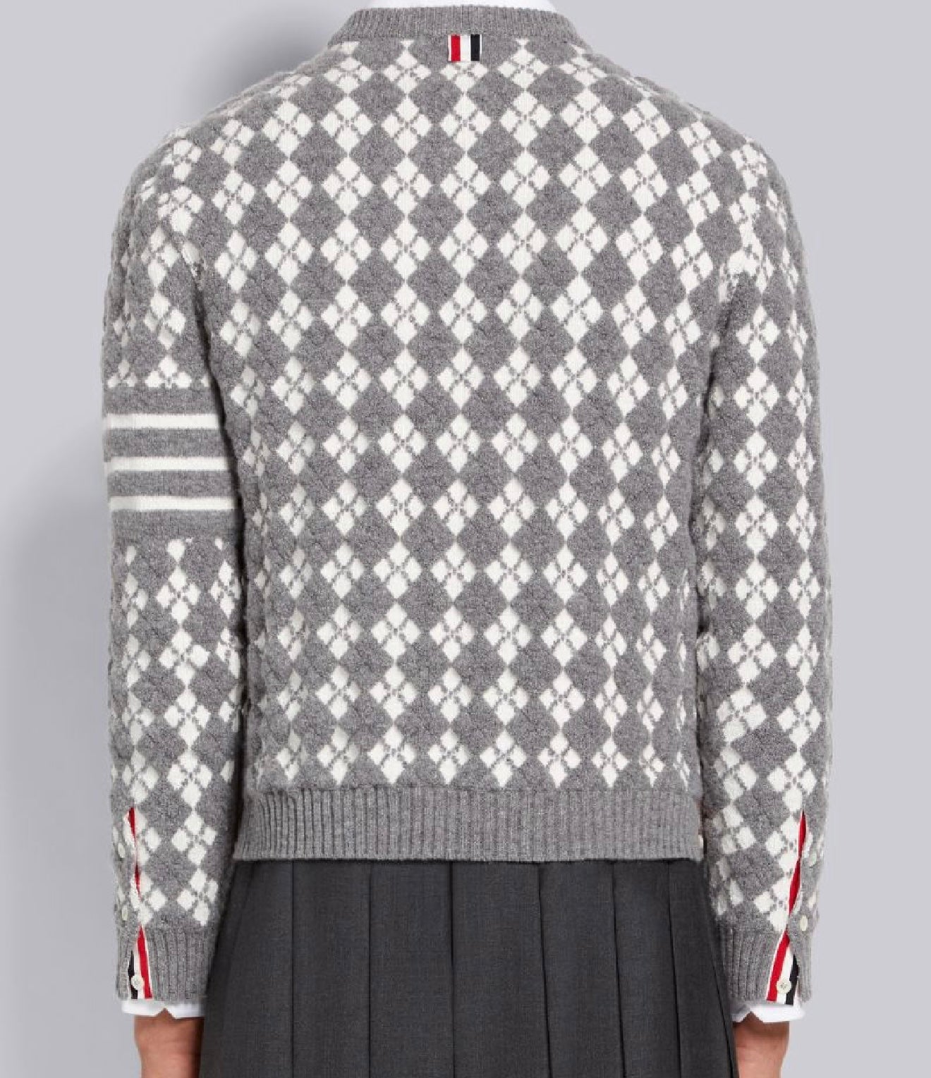 THOM BROWNE - LIGHT GREY TERRY STITCH ARGYLE JACQUARD 4-BAR CREW NECK PULLOVER