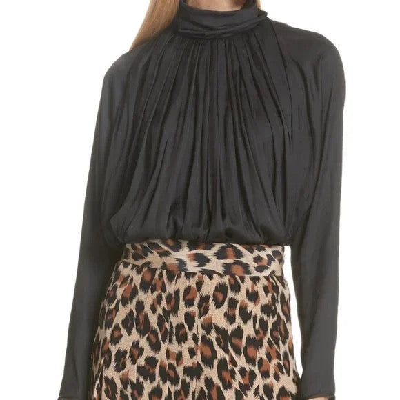 SMYTHE black satin turtleneck long sleeve blouse, button up back