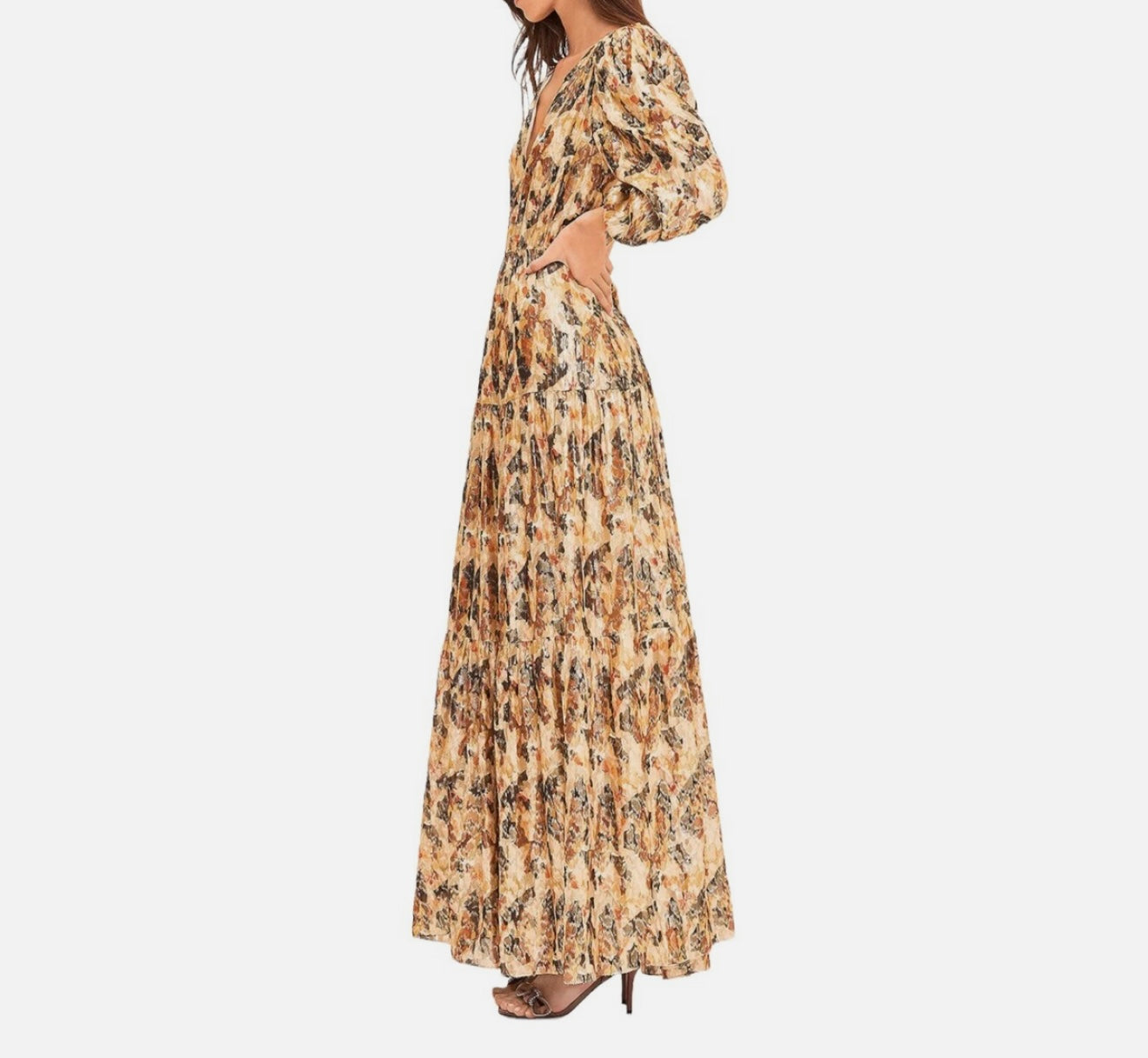 BA&SH Gullian Robe Maxi Dress Long Sleeve Gold Metallic Print