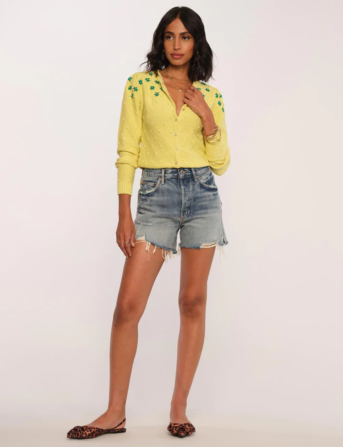 HEARTLOOM lime yellow cardigan with floral detail and pearl buttons