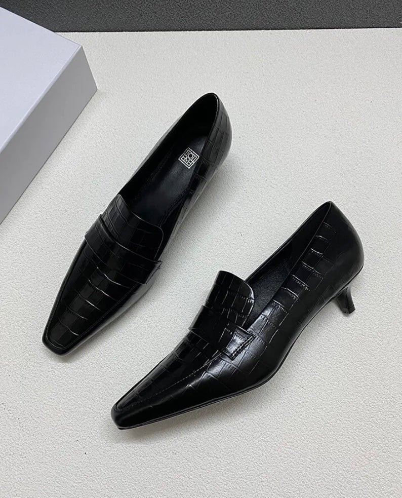 TOTEME - CROCODILE SQUARE TOE HEELED LOAFERS