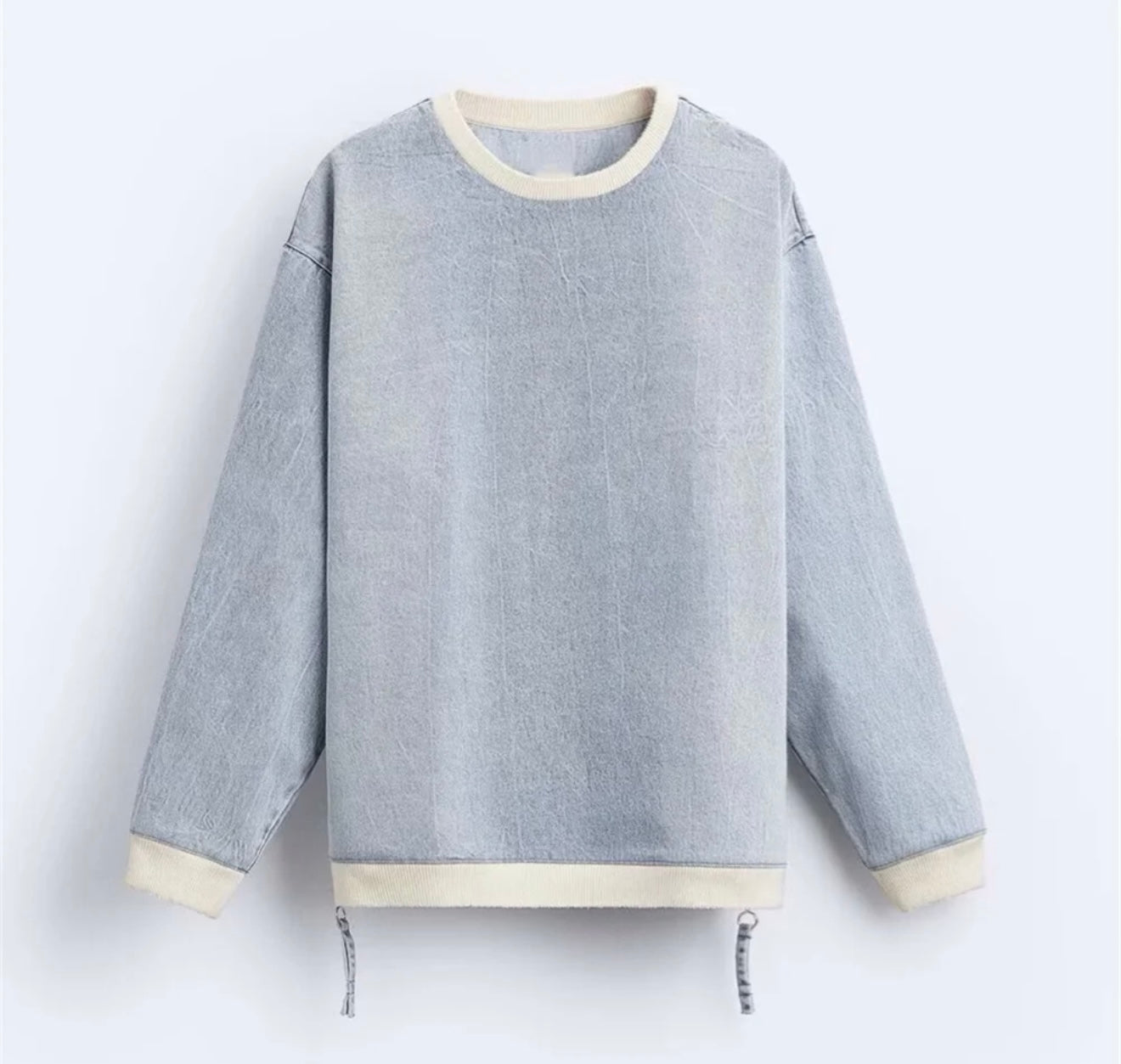 ZARA light blue denim crewneck with white trim and zippers on side