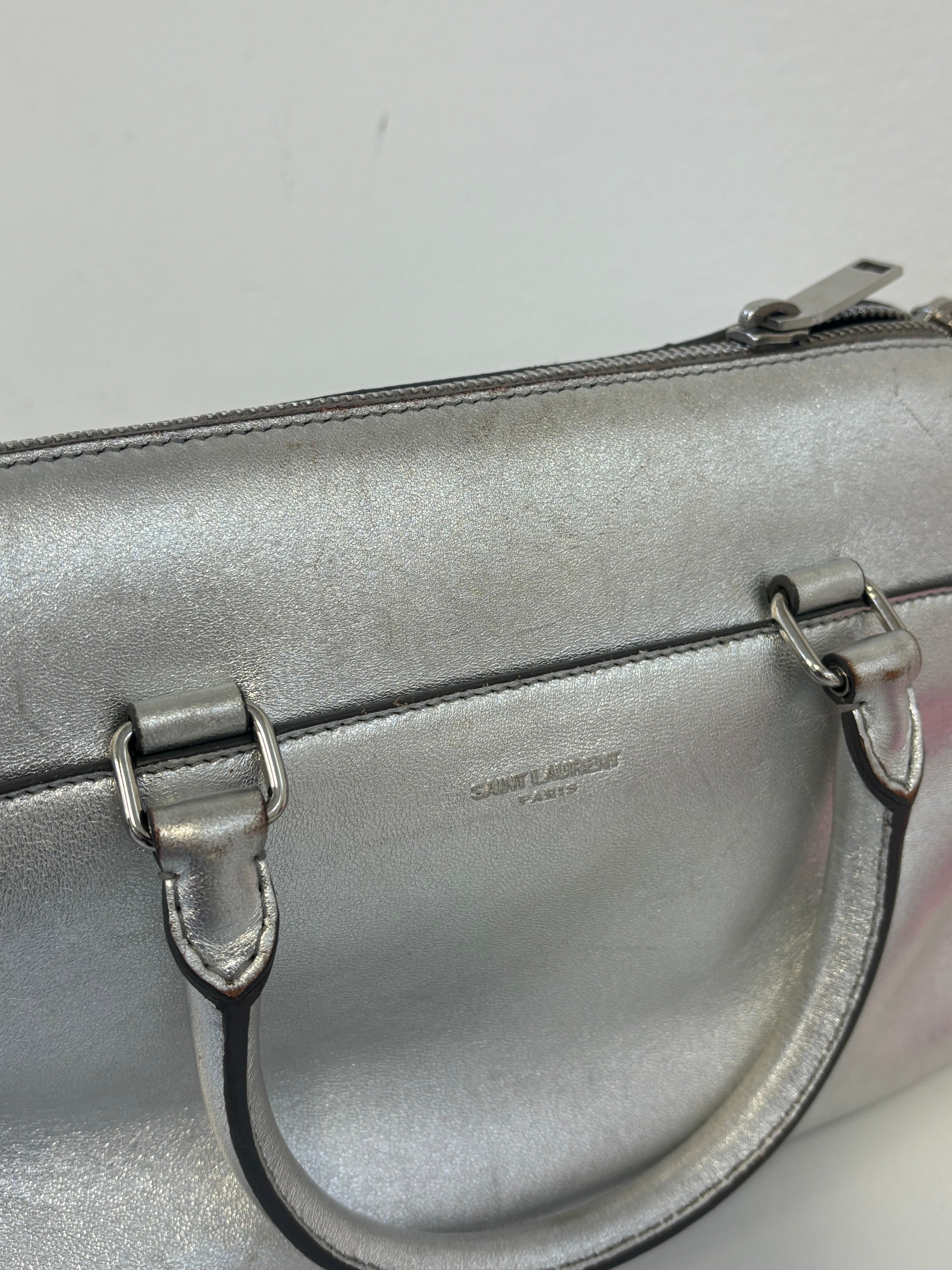 SAINT LAURENT baby duffle bag, silver purse with crossbody strap