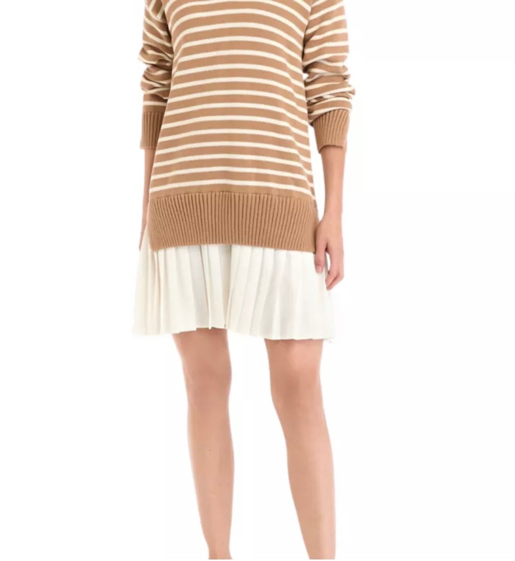 ENGLISH FACTORY Striped Mixed Media Pleated Dress