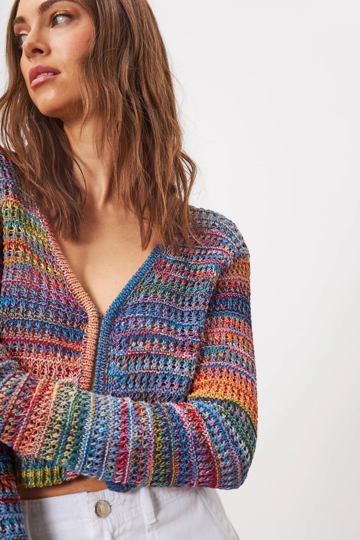 LINE rainbow knit cropped long sleeve cardigan NWT soleil azure