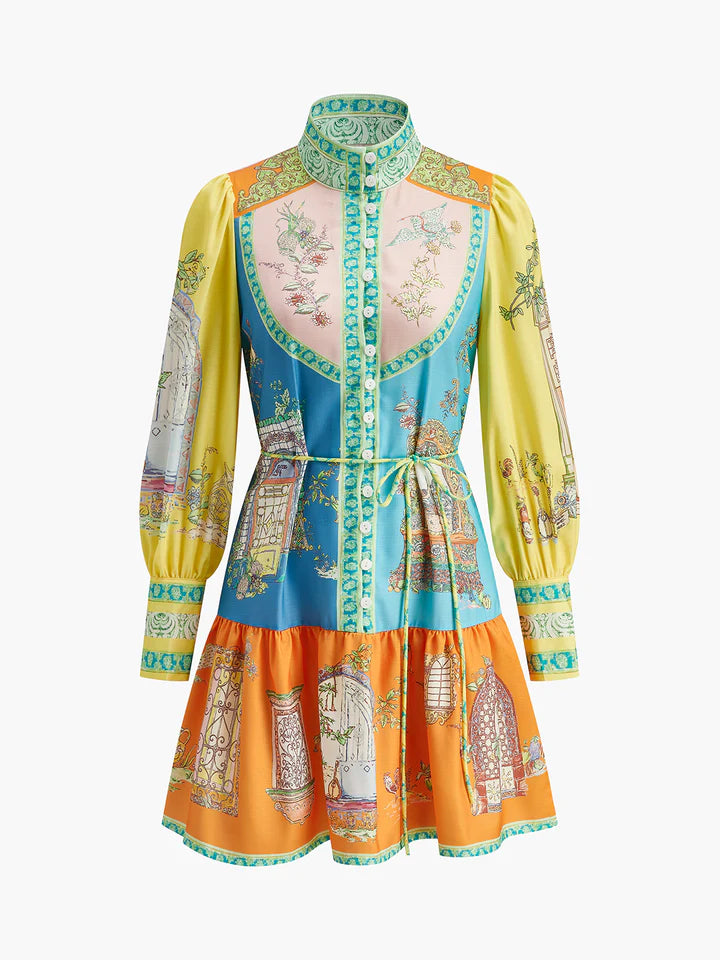 COMMENSE Print Mock-Neck Dress With Belt