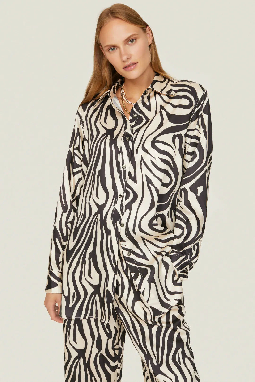 RONNY KOBO satin zebra set, pants and button up long sleeve