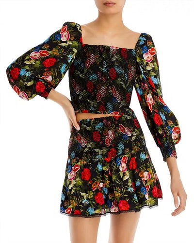ALICE + OLIVIA black w multicolour flower print set, shirred long sleeve top & skirt