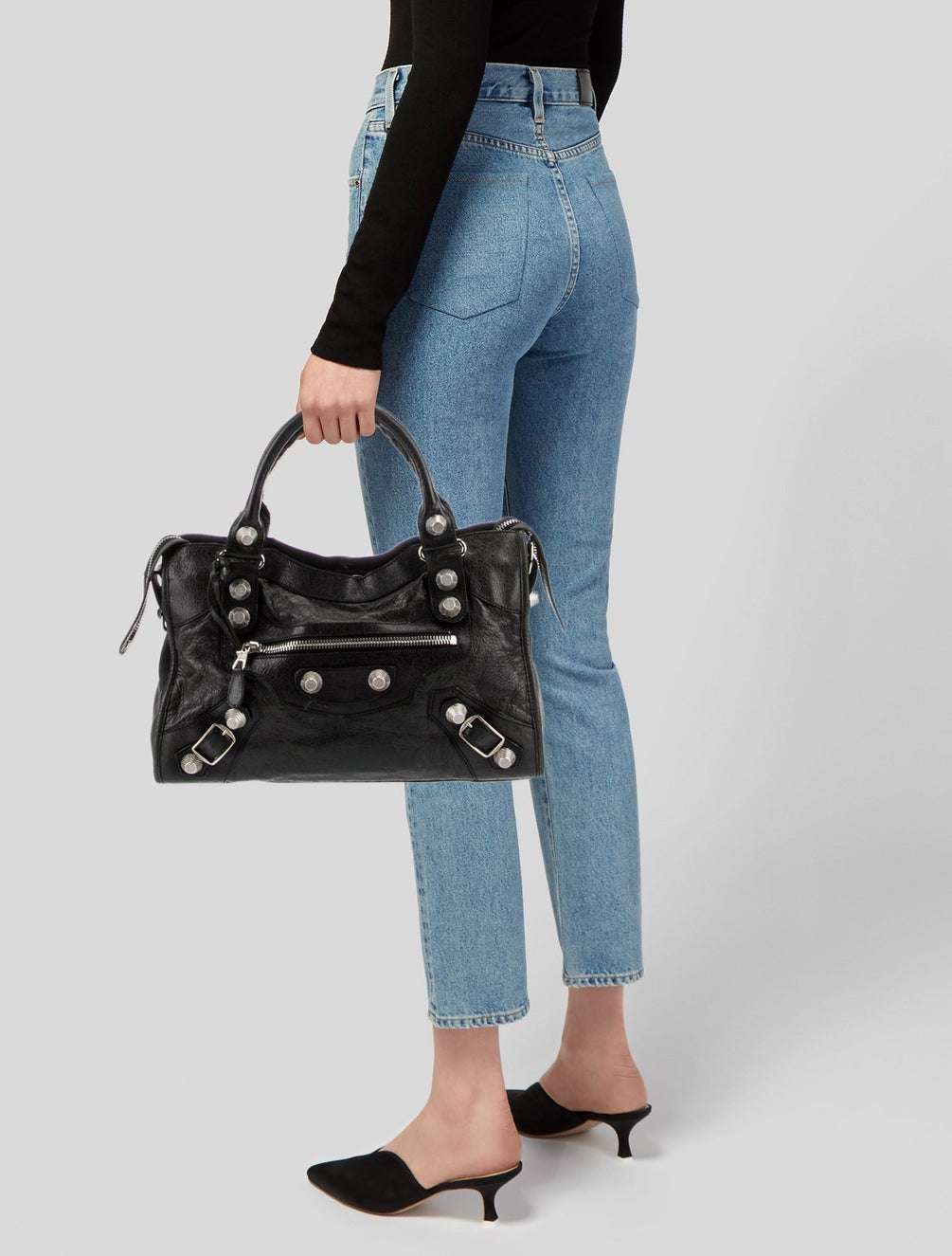 BALENCIAGA black city bag with silver hardware