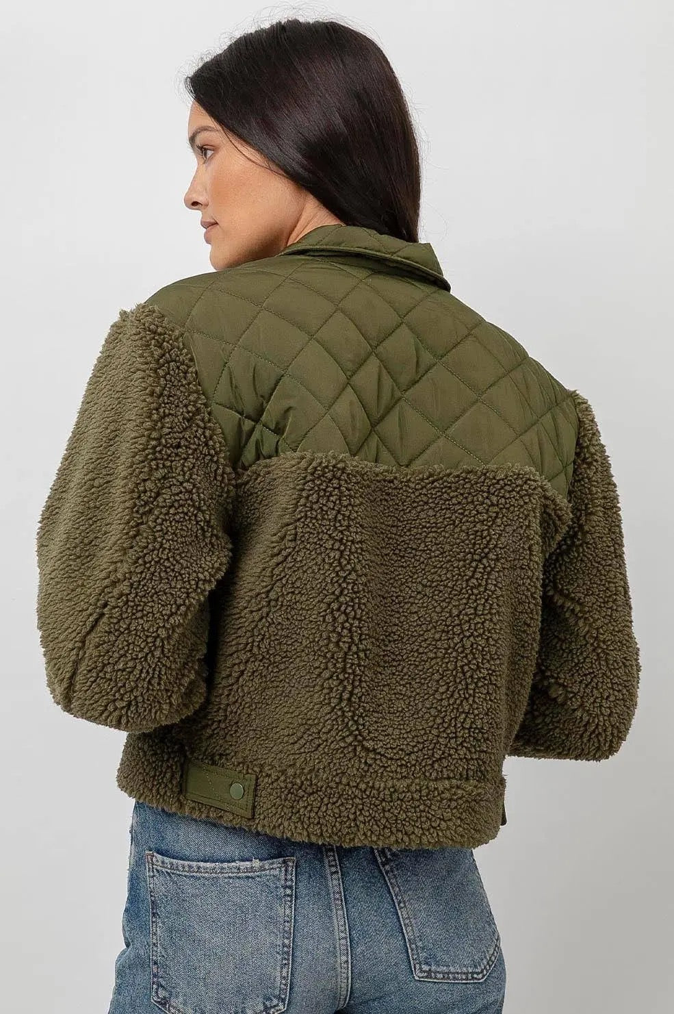 RAILS "Peyton" green sherpa + quilted sweater/jacket, button closure, pockets