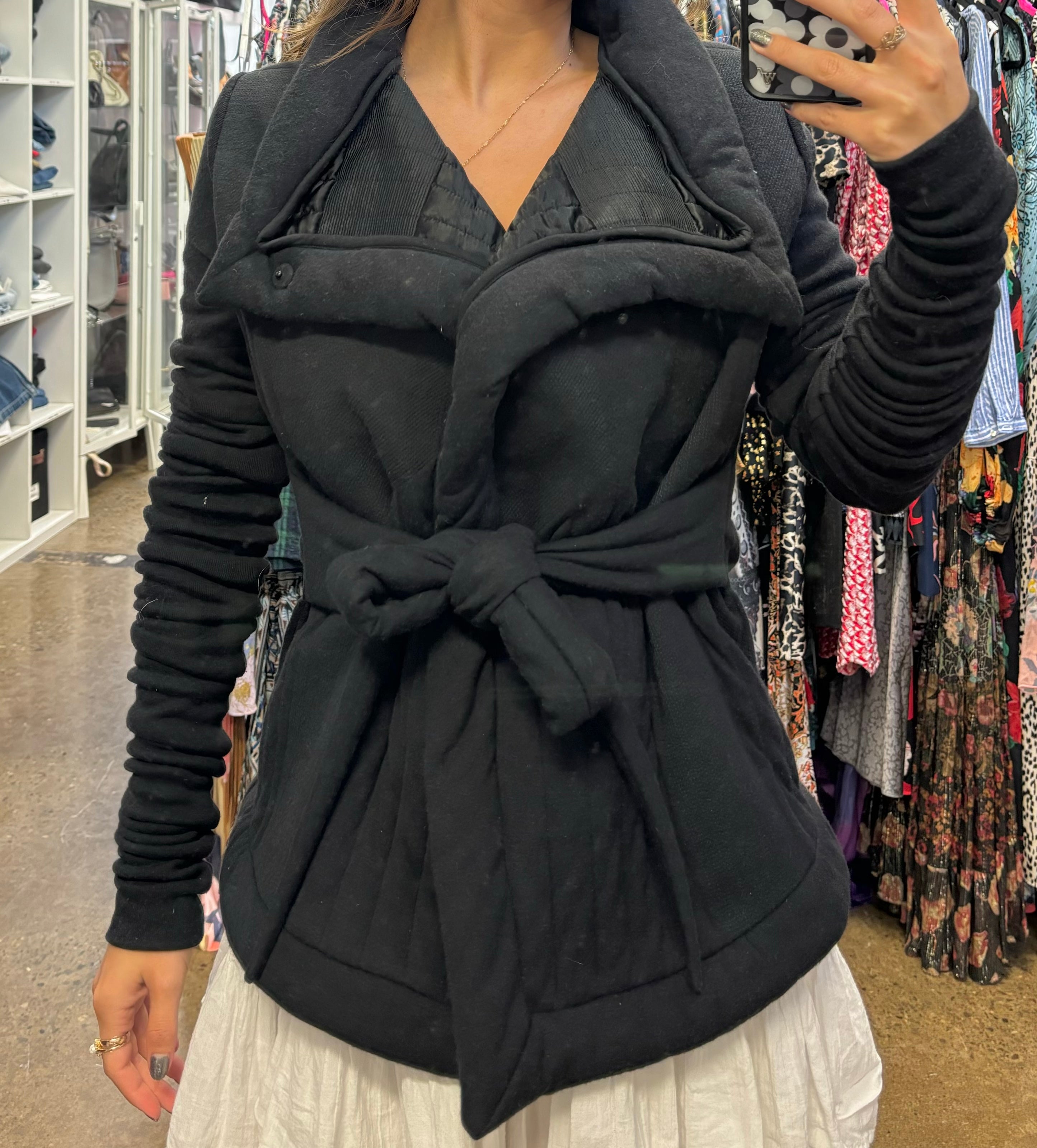 RICK OWENS LILIES black long sleeve sweater/jacket, belt attached, quilted back