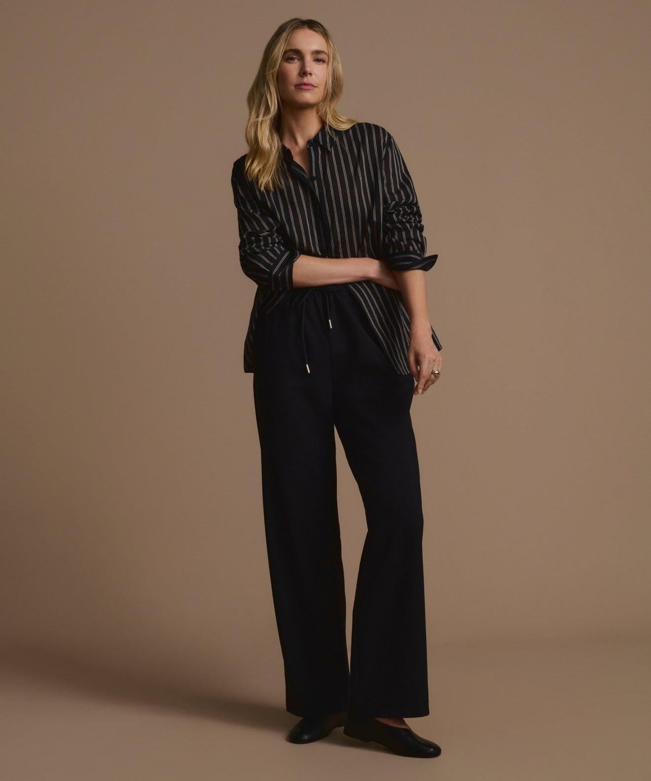 JENNI KAYNE black button up with brown, white stripe (max shirt)